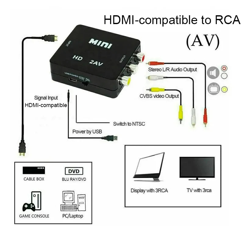 HDMI-compatible to RCA Converter AV/CVBS L/R Audio Video Set Top Box Up Scaler 1080P MINI Box HD2AV For PC HDTV Projector