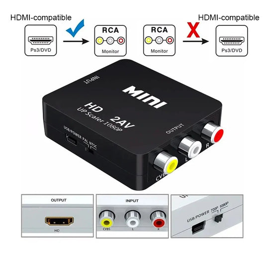 HDMI-compatible to RCA Converter AV/CVBS L/R Audio Video Set Top Box Up Scaler 1080P MINI Box HD2AV For PC HDTV Projector